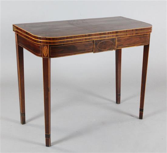 A George III boxwood strung inlaid mahogany tea table, W.3ft D.1ft 6in. H.2ft 5in.